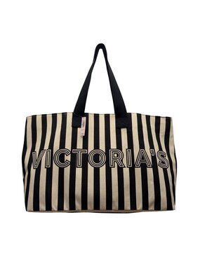 Victorias Secret Women’s Black & Cream Canvas Striped Signature Logo Tote Bag
